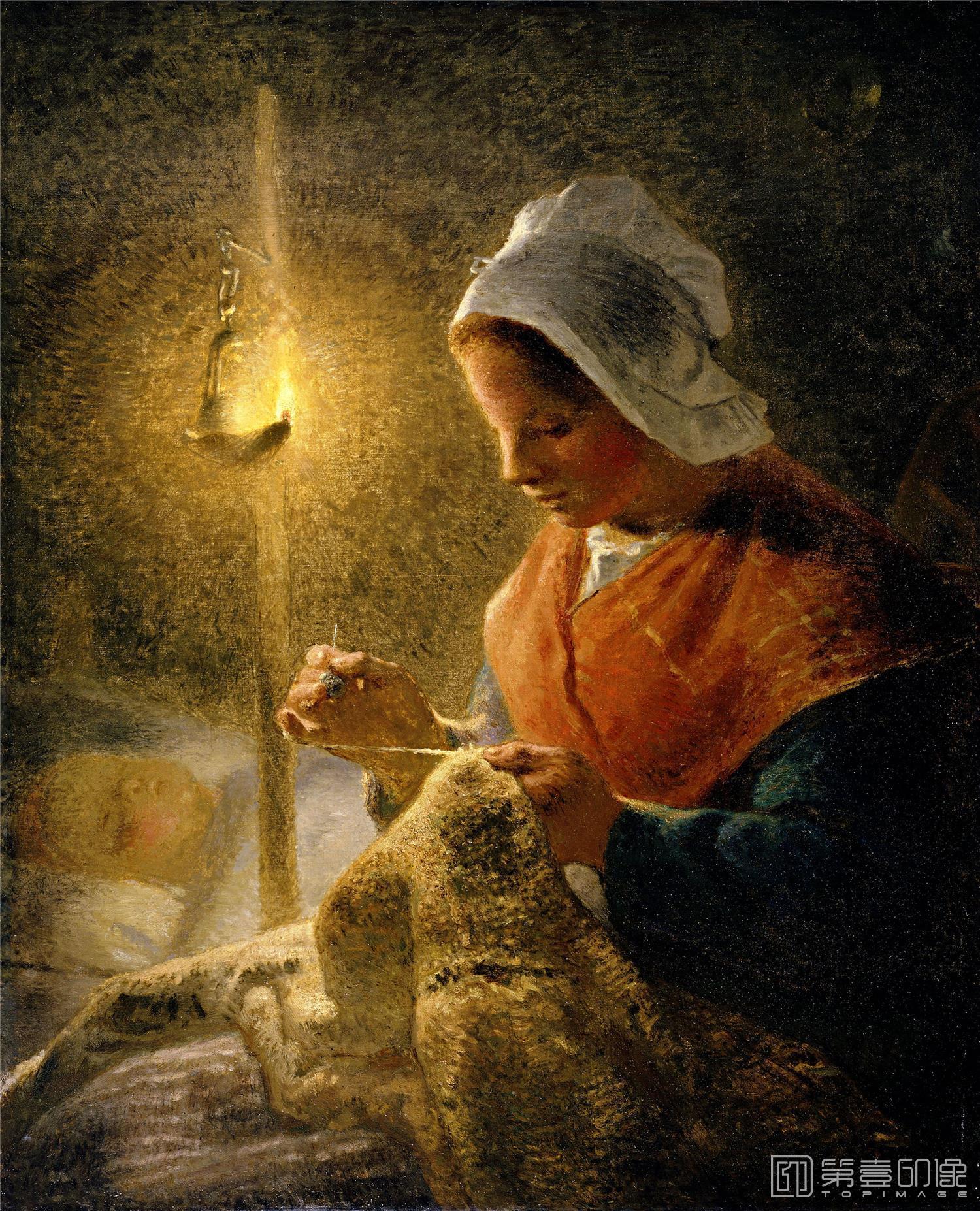 油画-美国弗里克美术馆藏画-Jean-François Millet - Woman Sewing by Lamplight, 1870-1872-123